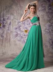 Turquoise Contrast Color Chiffon Fabric One Shoulder Prom Dress