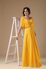 Top Designer V Neck Floor-length Golden Chiffon Prom Dress
