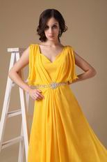 Top Designer V Neck Floor-length Golden Chiffon Prom Dress