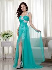 Split Skirt One Shoulder Appliqued Turquoise Prom Wear Dress