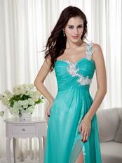 Split Skirt One Shoulder Appliqued Turquoise Prom Wear Dress