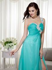 Split Skirt One Shoulder Appliqued Turquoise Prom Wear Dress