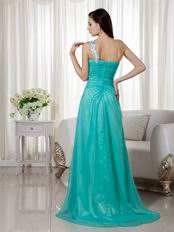 Split Skirt One Shoulder Appliqued Turquoise Prom Wear Dress