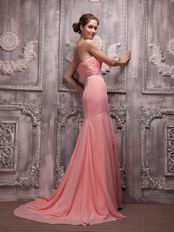 Watermelon Chiffon Strapless Fishtail Split Skirt Beaded Prom Dress