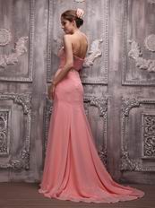 Watermelon Chiffon Strapless Fishtail Split Skirt Beaded Prom Dress