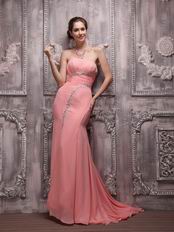 Watermelon Chiffon Strapless Fishtail Split Skirt Beaded Prom Dress