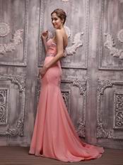 Watermelon Chiffon Strapless Fishtail Split Skirt Beaded Prom Dress