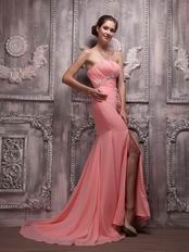 Watermelon Chiffon Strapless Fishtail Split Skirt Beaded Prom Dress