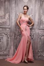 Watermelon Chiffon Strapless Fishtail Split Skirt Beaded Prom Dress