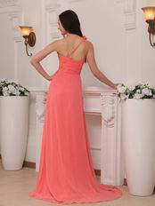 One Shoulder Watermelon Chiffon Skirt New Prom Dress With Drapping