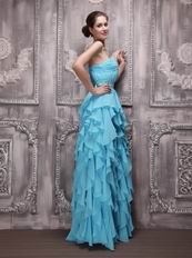 Aqua Blue Sweetheart Ruffled Cascade Skirt Prom Evening Dress