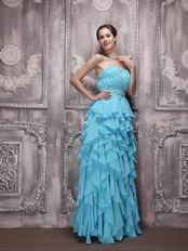 Aqua Blue Sweetheart Ruffled Cascade Skirt Prom Evening Dress