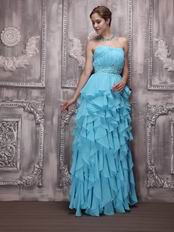 Aqua Blue Sweetheart Ruffled Cascade Skirt Prom Evening Dress