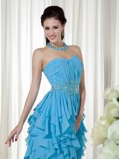 Aqua Blue Sweetheart Ruffled Cascade Skirt Prom Evening Dress