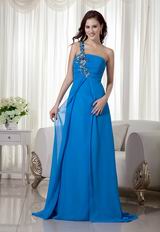 One Shoulder Azure Blue Chiffon Appliques 2014 New Prom Dress