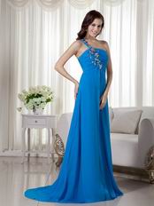 One Shoulder Azure Blue Chiffon Appliques 2014 New Prom Dress