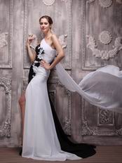 One Shoulder Watteau Flowers Contrast White and Black Prom Dress