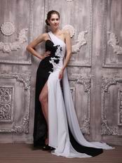 One Shoulder Watteau Flowers Contrast White and Black Prom Dress