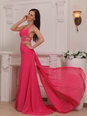 Backless Hot Pink Halter Cheap La Femme Prom Dresses Gowns