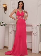 Backless Hot Pink Halter Cheap La Femme Prom Dresses Gowns