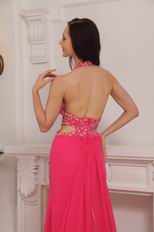 Backless Hot Pink Halter Cheap La Femme Prom Dresses Gowns