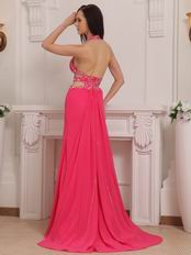 Backless Hot Pink Halter Cheap La Femme Prom Dresses Gowns