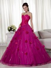 Fuchsia A-line Trimed Puffy Prom Gowns With Hand Made Flowers