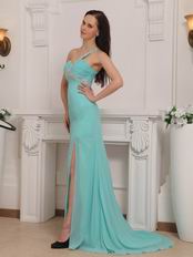 One Shoulder Aqua Blue Chiffon Skirt Prom Dress With Side Split