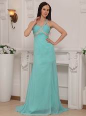 One Shoulder Aqua Blue Chiffon Skirt Prom Dress With Side Split