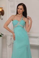 One Shoulder Aqua Blue Chiffon Skirt Prom Dress With Side Split