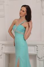 One Shoulder Aqua Blue Chiffon Skirt Prom Dress With Side Split