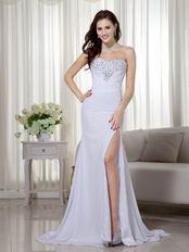 Sweetheart Colored Crystals High Leg Side Split White Prom Dress
