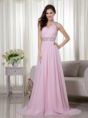 Cute Baby Pink One Shoulder Chiffon Prom Dance Party Dress