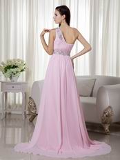 Cute Baby Pink One Shoulder Chiffon Prom Dance Party Dress