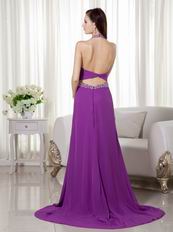 Sexy Halter V-Neck Purple Open Back La Prom Dress With Side Split