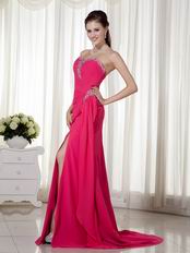 Fuchsia Crystals Emberllish Top Prom Dress With Front Slit Skirt