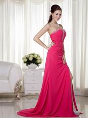 Fuchsia Crystals Emberllish Top Prom Dress With Front Slit Skirt