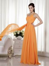 One Shoulder Orange Floor Length Cache Prom Dress With Beading