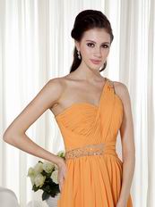 One Shoulder Orange Floor Length Cache Prom Dress With Beading