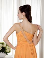 One Shoulder Orange Floor Length Cache Prom Dress With Beading