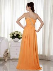 One Shoulder Orange Floor Length Cache Prom Dress With Beading