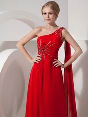 One Shoulder Watteau Dark Red Chiffon Celebrity Prom Dress