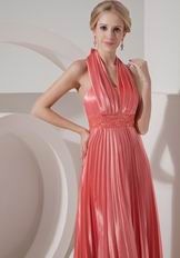 Pleated Halter Floor-length Skirt Watermelon Prom Dress Cheap