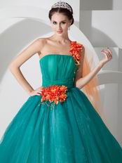 Cheap One Shoulder Teal Prom Dress With Flower Decorate