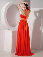 Orange Red Halter Long Chiffon Dress For Prom Party Wear