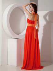 Orange Red Halter Long Chiffon Dress For Prom Party Wear