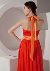 Orange Red Halter Long Chiffon Dress For Prom Party Wear