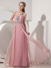 One Shoulder Baby Pink Chiffon Beaded Dress For Prom Wear