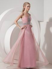 One Shoulder Baby Pink Chiffon Beaded Dress For Prom Wear