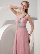 One Shoulder Baby Pink Chiffon Beaded Dress For Prom Wear